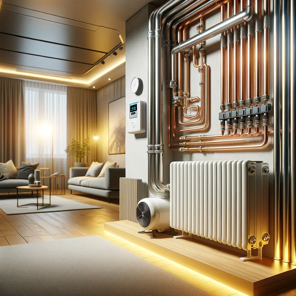 Présentation Chauffage - Vinot Julien Système de chauffage moderne dans un salon élégant avec radiateur visible, tuyauterie et pompe à chaleur, éclairé par une lumière chaleureuse.