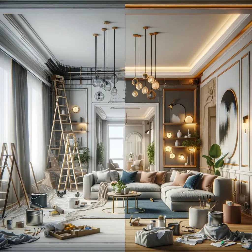 Présentation Rénovation intérieur - Vinot Julien Salon en cours de rénovation avec échelles et pots de peinture, contrastant avec une section déjà finie présentant un design intérieur moderne et chic.