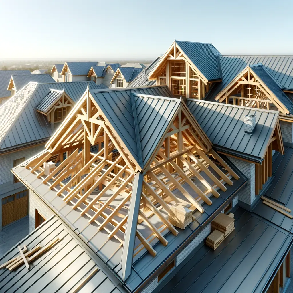 Présentation toitures - Vinot Julien Toiture moderne en cours de construction avec charpente en bois apparente et revêtement en zinc, sous un ciel bleu clair.