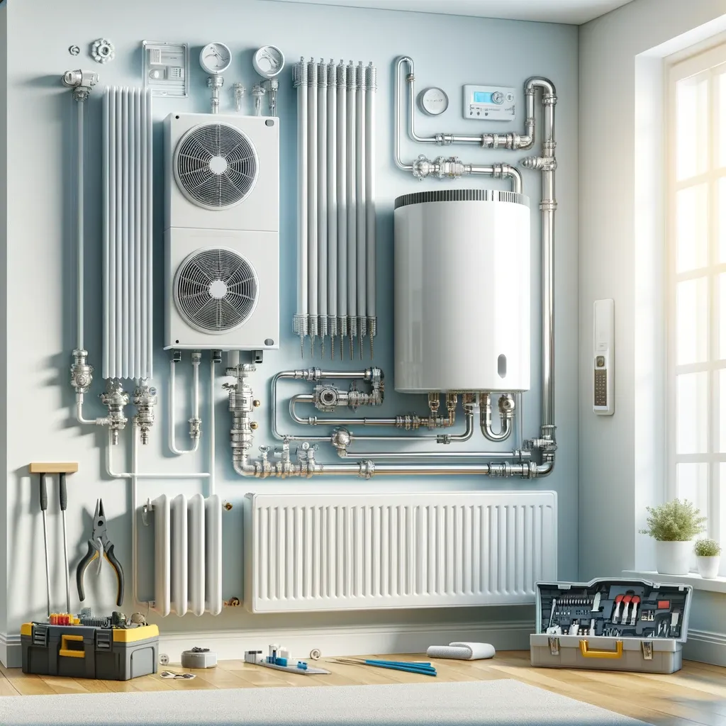 Prestation chauffage - Vinot Julien Installation moderne et efficace de système de chauffage intérieur avec pompe à chaleur, radiateurs et vannes thermostatiques, dans un cadre propre et lumineux, indiquant un service professionnel axé sur l'efficacité énergétique.