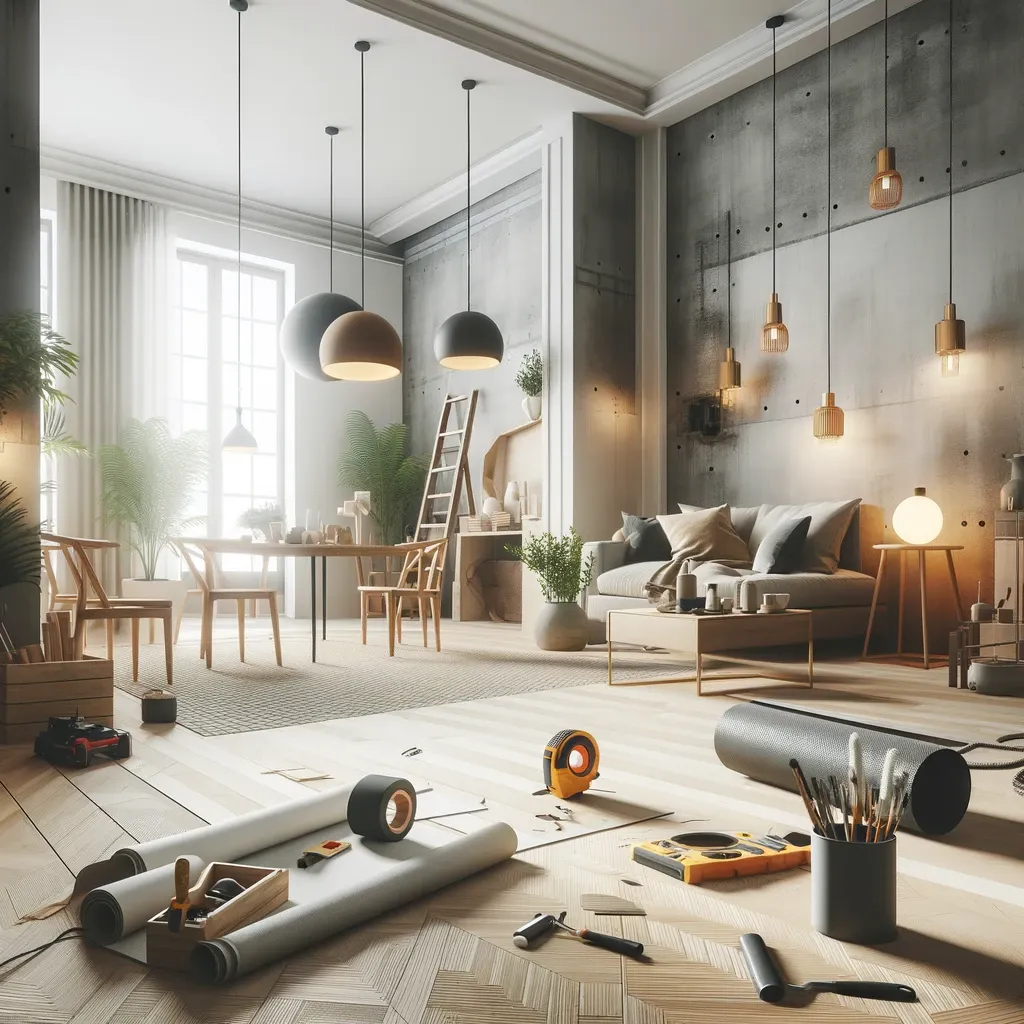 Prestation rénovation intérieur - Vinot Julien Scène de rénovation intérieure mettant en valeur un design moderne et un travail de qualité, avec des murs fraîchement peints, un éclairage contemporain, et un sol de haute qualité, ainsi que des outils et matériaux organisés professionnellement.