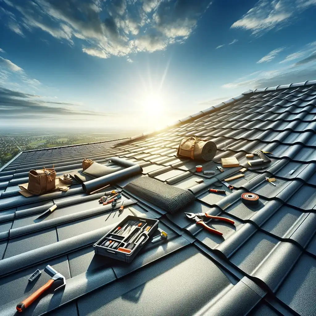 Prestation toiture - Vinot Julien Toiture moderne en cours de finition sous un ciel bleu lumineux, avec des outils de charpentier disposés de manière ordonnée, indiquant un service professionnel de toiture.